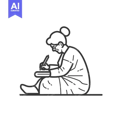 Aset desain premium: Line drawing of an elderly woman writing
