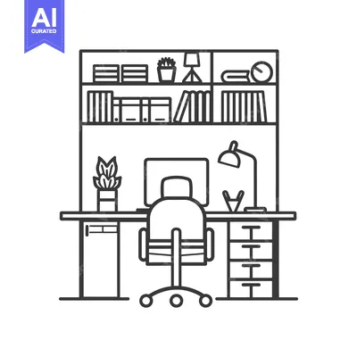 Line drawing of an office desk with a chair, computer, and shelves