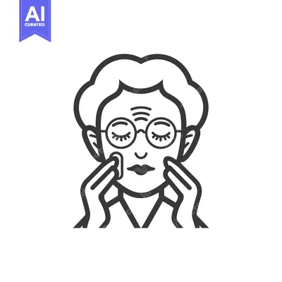 Line drawing of an older woman with short hair applying makeup to her