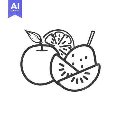 Aset desain premium: Line Drawing of an Orange, a Kiwi, and a Kiwi Slice