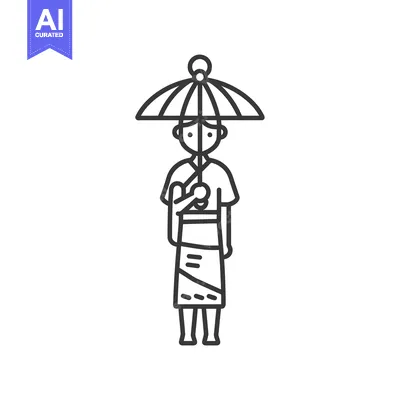 Line Drawing of a Person Holding an Umbrella in Traditional Clothing