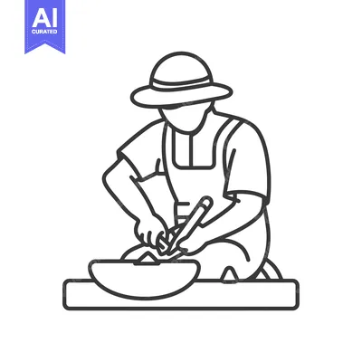 Aset premium populer: Line drawing of a person in a hat cutting a melon