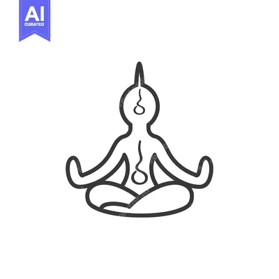 Line drawing of a person meditating in a lotus pose with a stylized de