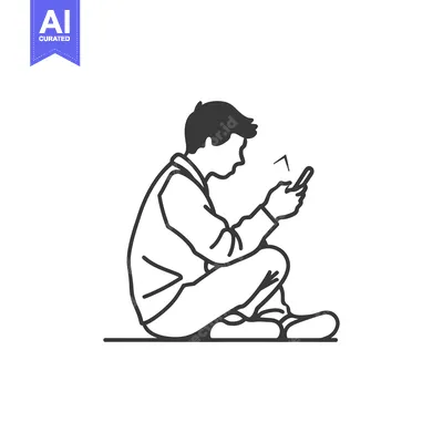 Aset desain premium: Line Drawing of a Person Sitting and Looking at a Phone