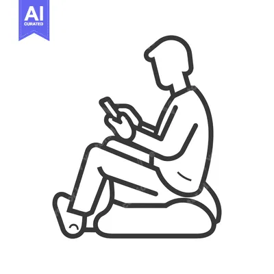 Aset desain premium: Line Drawing of a Person Sitting and Using a Phone