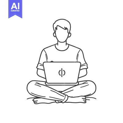 Aset desain premium: Line drawing of a person sitting cross-legged and using a laptop