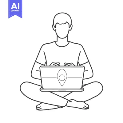 Premium design asset: Line drawing of a person sitting cross-legged using a laptop with a lo