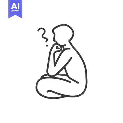 Premium design asset: Line drawing of a person sitting with a question mark above their head