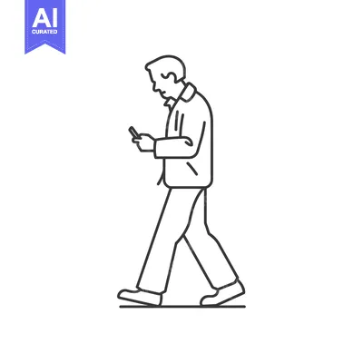 Aset desain premium: Line drawing of a person walking and using a smartphone