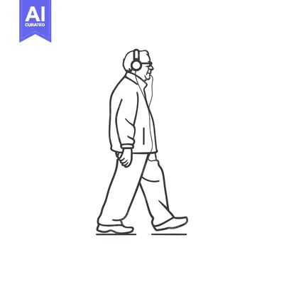 Aset desain premium: Line Drawing of a Person Walking While Wearing Headphones