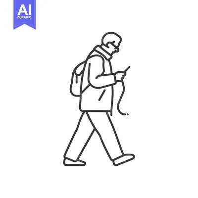 Aset desain premium: Line drawing of a person walking with a backpack and looking at a phon