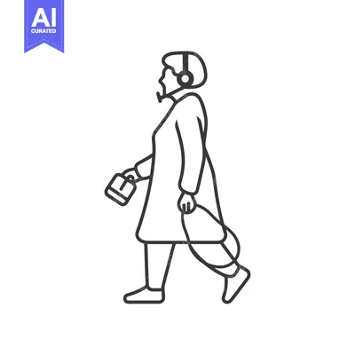 Popular premium asset: Line drawing of a person walking with headphones and a bag