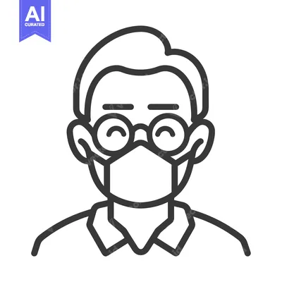 Aset desain premium: Line drawing of a person wearing a face mask and glasses