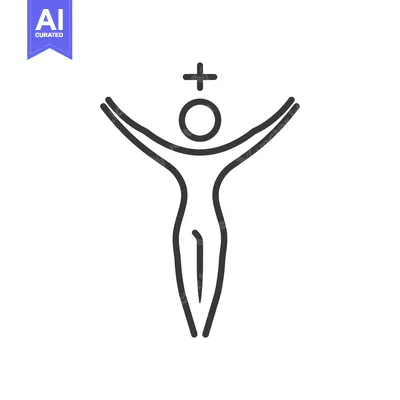 Line drawing of a person with arms raised and a plus sign above their