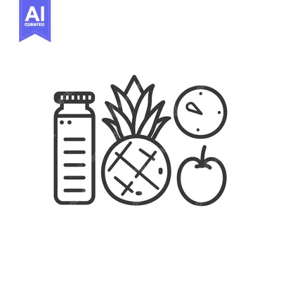 Aset premium populer: Line drawing of a pineapple, apple, water bottle, and clock