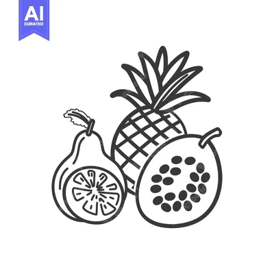 Aset premium populer: Line Drawing of a Pineapple, Passion Fruit, and a Guava
