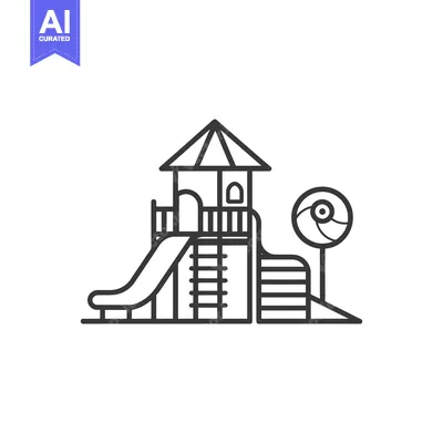 Aset desain premium: Line drawing of a playground with a slide, ladder, and tower