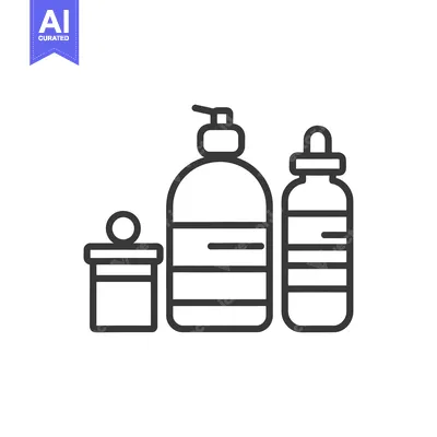 Line drawing of a pump bottle, a dropper bottle, and a jar