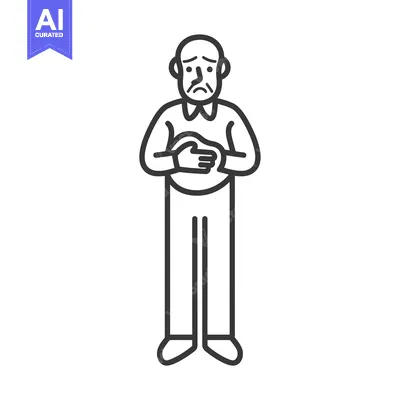 Premium design asset: Line drawing of a sad, bald man holding his stomach