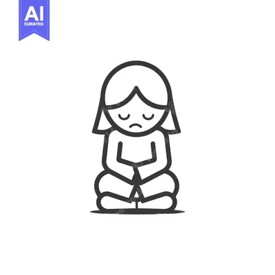 Aset desain premium: Line Drawing of a Sad Girl Sitting in a Cross-legged Position