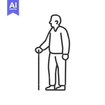 Aset desain premium: Line drawing of a senior man with a cane