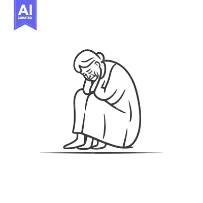 Aset desain premium: Line Drawing of a Senior Woman Sitting in Sorrow