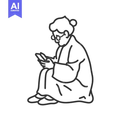 Aset desain premium: Line drawing of a senior woman using a smartphone