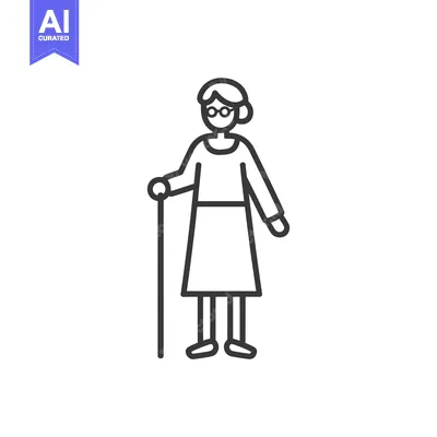 Premium design asset: Line drawing of a senior woman with glasses and a walking stick