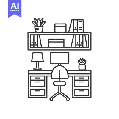 Popular premium asset: Line drawing of a simple home office desk