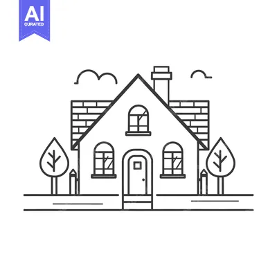 Premium design asset: Line Drawing of a Simple House with a Chimney and Two Trees