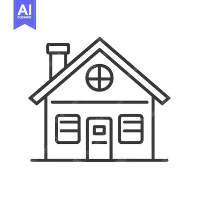 Premium design asset: Line drawing of a simple house with a chimney, a round window, and two