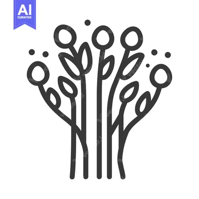 Aset premium populer: Line drawing of a simple stylized plant with five round flowers and le