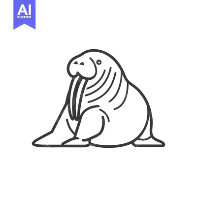Aset desain premium: Line Drawing of a Sitting Walrus with a Long Tusk