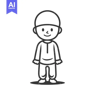 Aset premium populer: Line Drawing of a Smiling Boy Wearing a Traditional Muslim Head Coveri