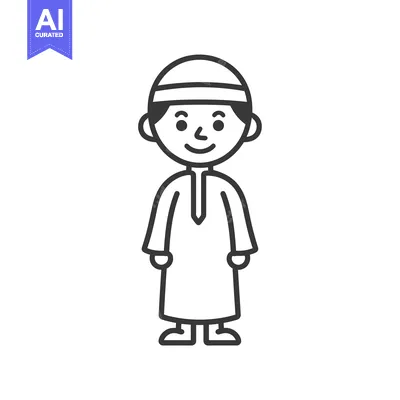 Aset desain premium: Line Drawing of a Smiling Boy Wearing Traditional Clothing