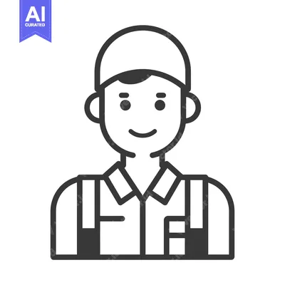 Aset desain premium: Line drawing of a smiling delivery man wearing a cap and a shirt with