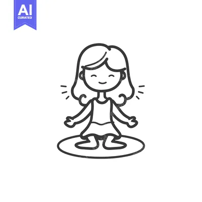 Popular premium asset: Line Drawing of a Smiling Girl with Wavy Hair in a Dress