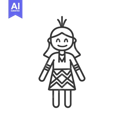 Aset desain premium: Line drawing of a smiling Indigenous girl wearing traditional clothing