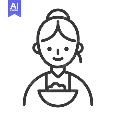 Aset desain premium: Line drawing of a smiling woman holding a bowl