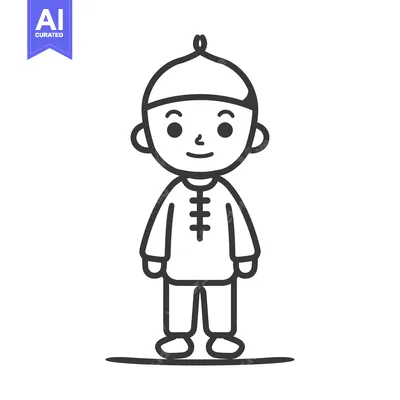 Aset premium populer: Line drawing of a smiling young boy in traditional Chinese clothing