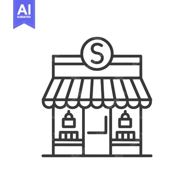 Aset desain premium: Line drawing of a storefront with an awning and a dollar sign