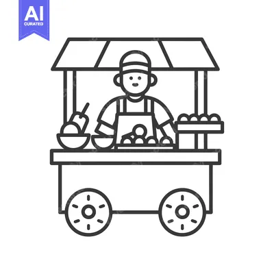 Aset premium populer: Line drawing of a street vendor with a cart selling fruit