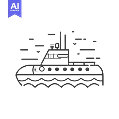 Aset desain premium: Line Drawing of a Submarine with Wavy Water