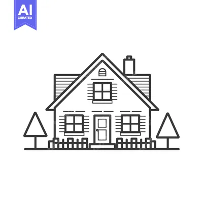 Aset desain premium: Line drawing of a suburban house with a fence and trees