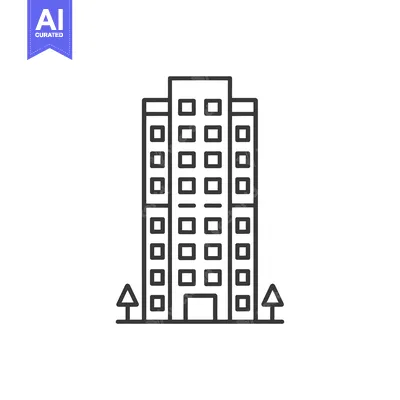 Premium design asset: Line drawing of a tall building with trees on either side