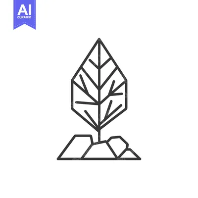 Aset desain premium: Line Drawing of a Tree with a Geometric Leaf Growing from Rocks