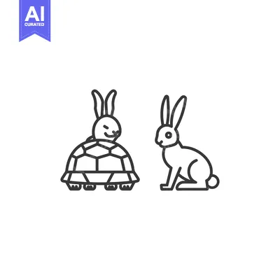 Line drawing of a turtle and rabbit facing each other