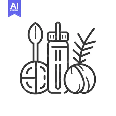 Line drawing of a water bottle, spoon, and two nuts
