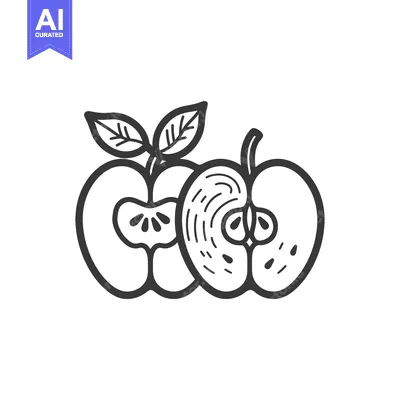 Aset desain premium: Line Drawing of a Whole and Half Apple with Leaves