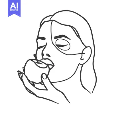 Aset desain premium: Line Drawing of a Woman Eating an Apple
